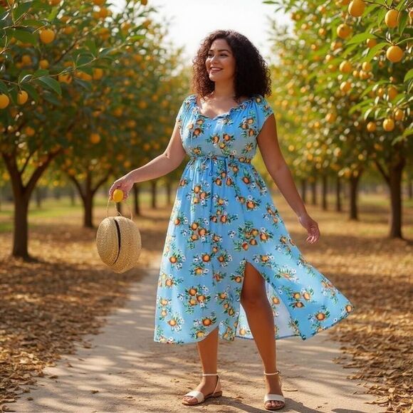 Torrid Maxi Textured Woven Dress W/ Double Front Slits Floral & Fruit Print M/L - Picture 4 of 6